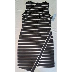 London Times NWT Blk/Wht Stripe Sheath Dress Sz 12 Knit Asymmetrical Chic Sleek